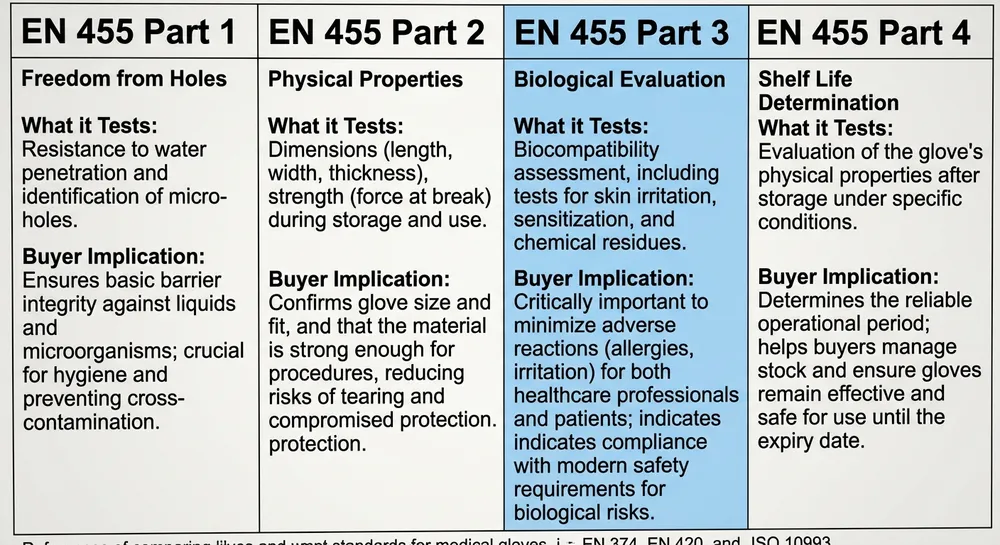 Comparison chart of EN 455 Parts 1 through 4 showing what each part tests for medical examination gloves