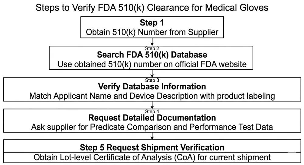 Workflow diagram showing how to verify FDA 510(k) clearance for medical nitrile gloves before purchase