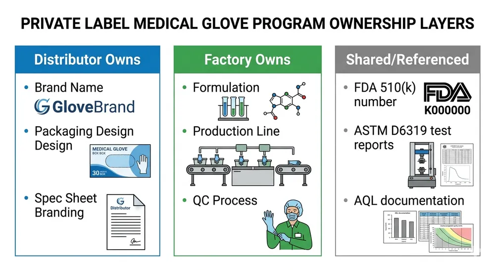 Diagram showing the components of a private label medical nitrile glove program including spec ownership, branding, and compliance documentation