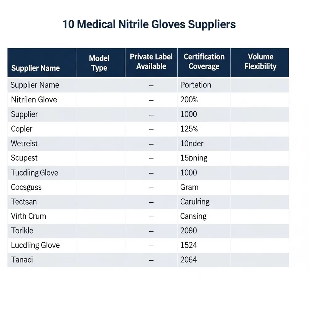 Comparison matrix of 10 medical nitrile glove suppliers serving Canadian healthcare distributors by model type and key capabilities