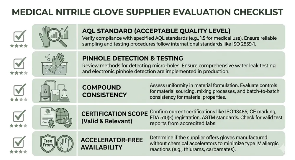 Supplier evaluation checklist for medical nitrile gloves showing AQL, certification, and compliance criteria