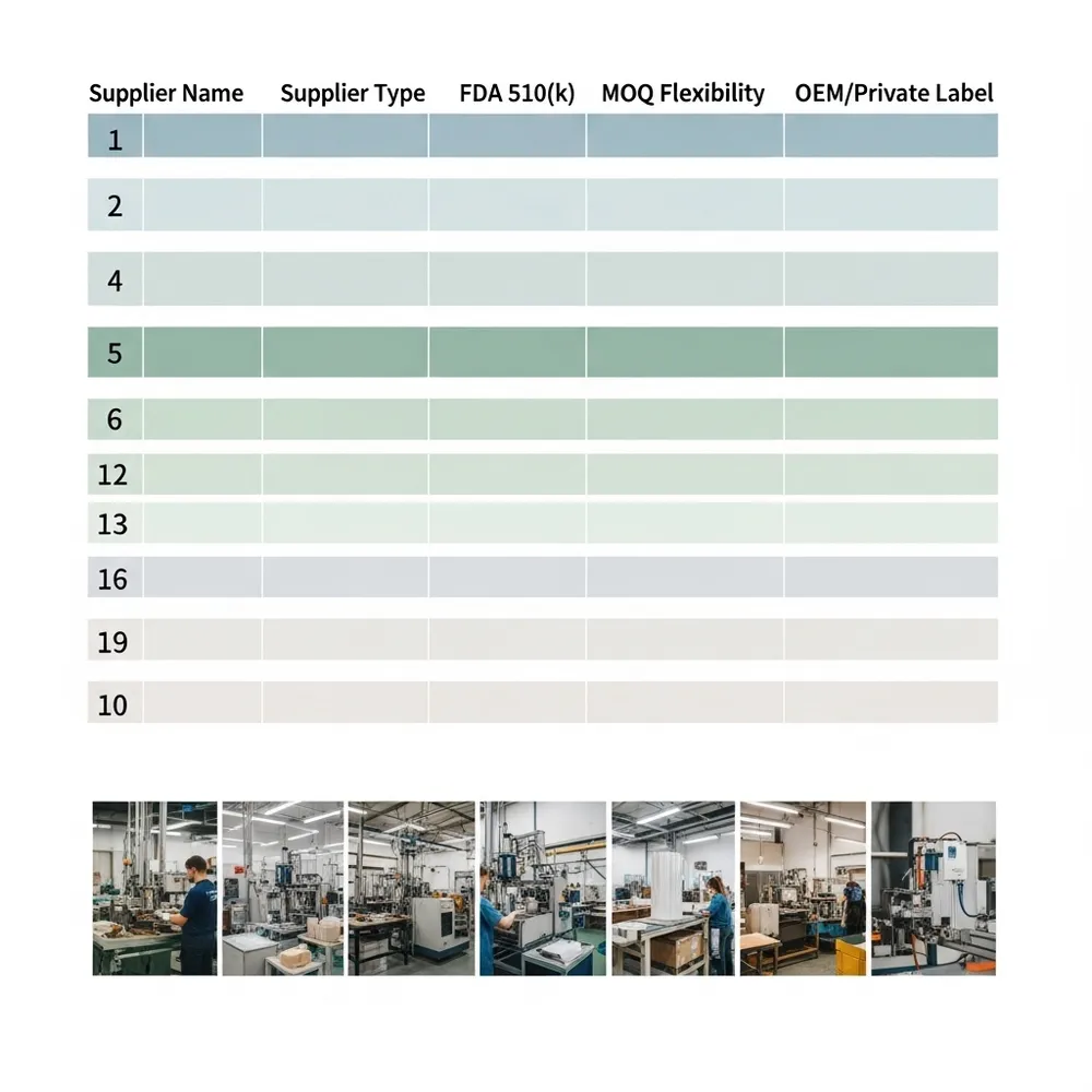 Comparison matrix of 10 US medical nitrile glove suppliers across supplier type, FDA clearance, MOQ flexibility, and OEM capability