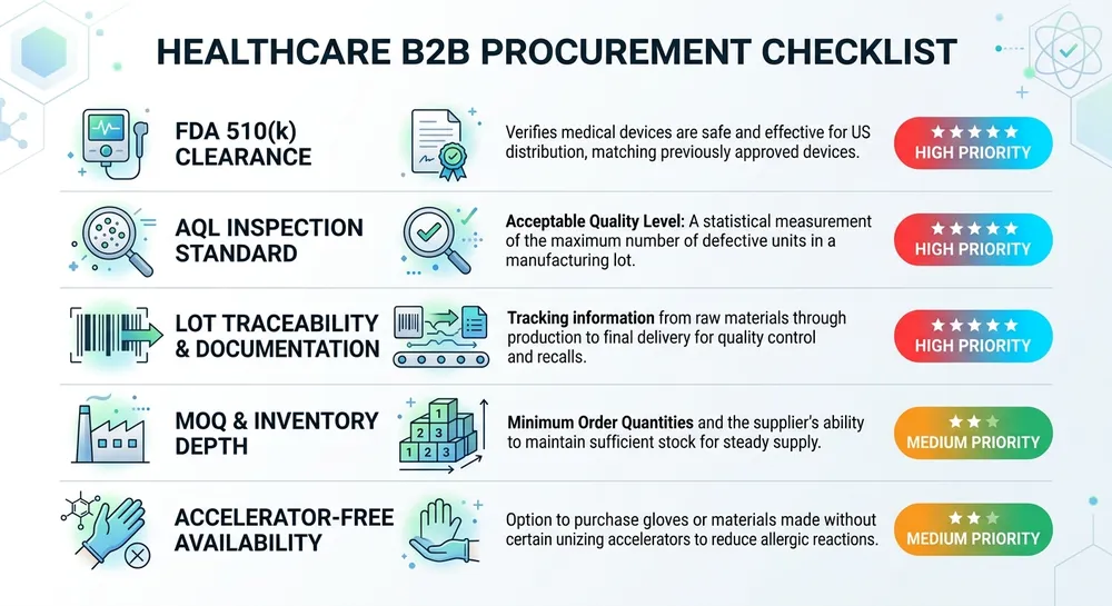 Procurement checklist for evaluating medical nitrile glove suppliers covering FDA clearance, AQL, documentation, MOQ, and accelerator-free availability