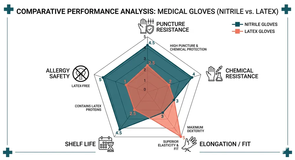Medical Nitrile vs Latex Barrier Performance Matrix Side-by-side property matrix comparing medical nitrile and latex gloves across puncture resistance, chemical resistance, elongation, and shelf life