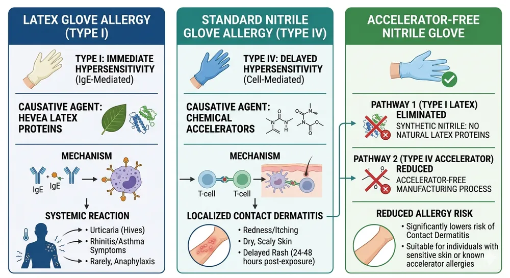 Nitrile vs Latex Glove Allergy Risk Pathways Comparison diagram showing Type I latex protein allergy versus Type IV accelerator contact dermatitis pathways for medical gloves