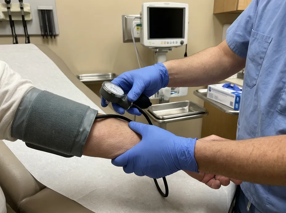 Blue nitrile medical examination gloves in clinical use