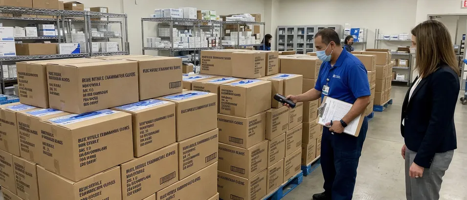 Hospital and clinical procurement of blue nitrile examination gloves