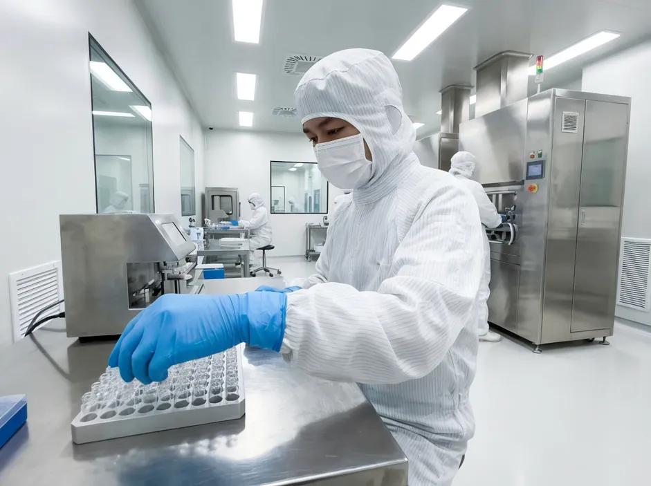 Cleanroom nitrile gloves in a controlled pharmaceutical manufacturing environment