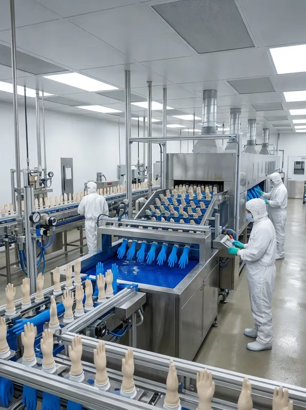 Dedicated cleanroom nitrile glove dipping line at glovemfg facility