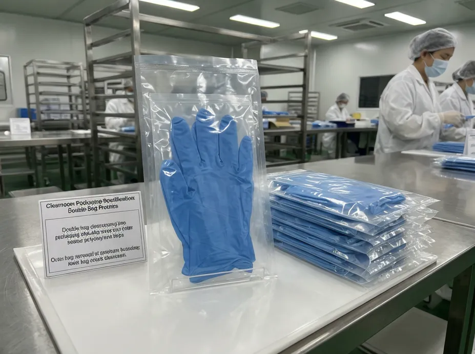Double-bag cleanroom glove packaging showing inner and outer sealed polyethylene bags