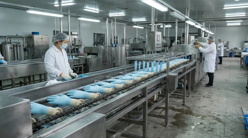 Accelerator-free nitrile glove production on dedicated manufacturing line