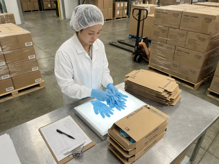 AQL 1.5 outgoing inspection of nitrile examination gloves before palletization