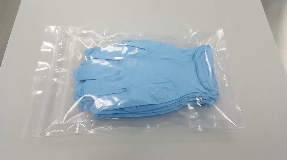 Cleanroom nitrile gloves double-bagged in cleanroom-compatible packaging