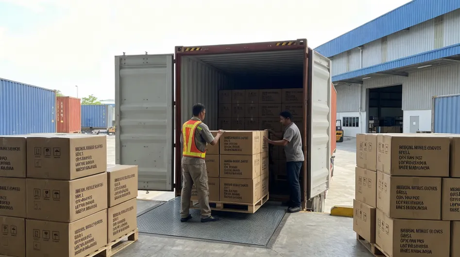 Container loading and export logistics for medical nitrile gloves