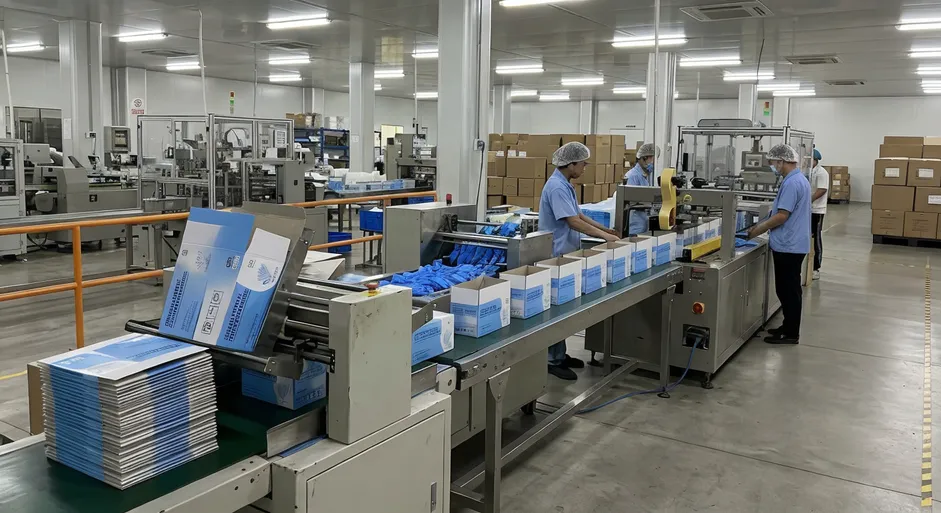Private-label medical nitrile glove packaging production line