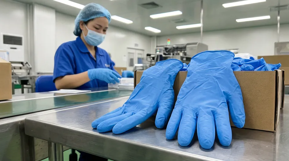 Procedure and surgical weight nitrile glove with anatomical shaping