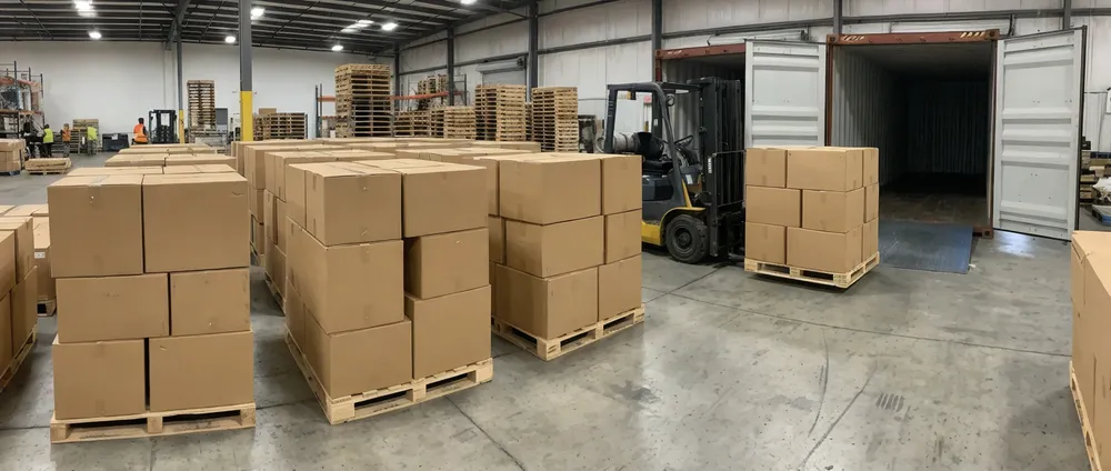 Cartons of powdered medical nitrile gloves staged for 40HQ container loading