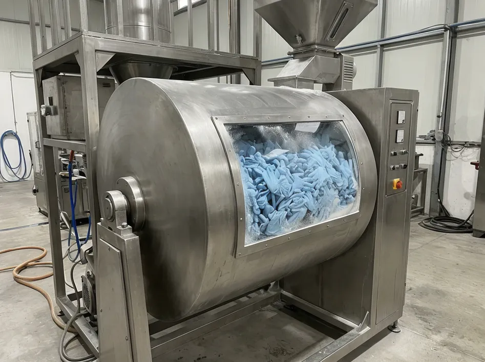 Corn-starch tumble-dusting chamber for powdered nitrile glove production