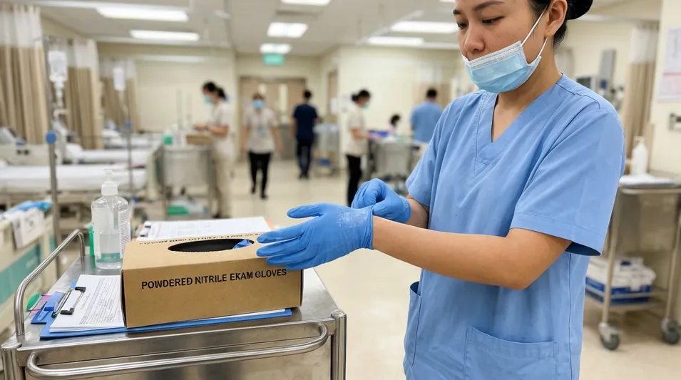 Clinical ward staff donning powdered nitrile gloves in high-throughput environment