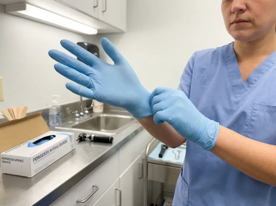 Powdered medical nitrile gloves being donned in a clinical setting