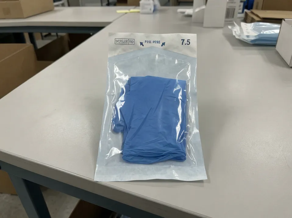 Surgical nitrile glove sterile peel-open pouch packaging