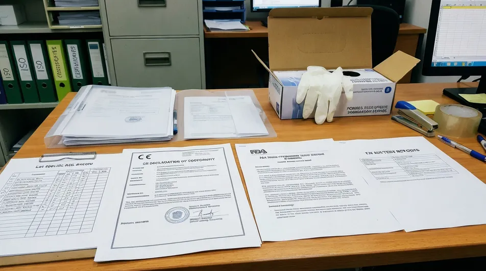 Compliance certifications for white nitrile medical gloves including CE and FDA 510k