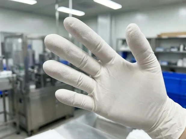 Close-up of white nitrile medical glove showing textured fingertip and uniform color