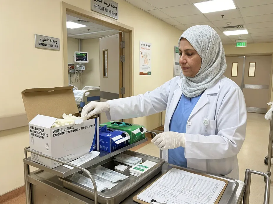 White nitrile medical gloves in a clinical setting showing color-coded procurement use