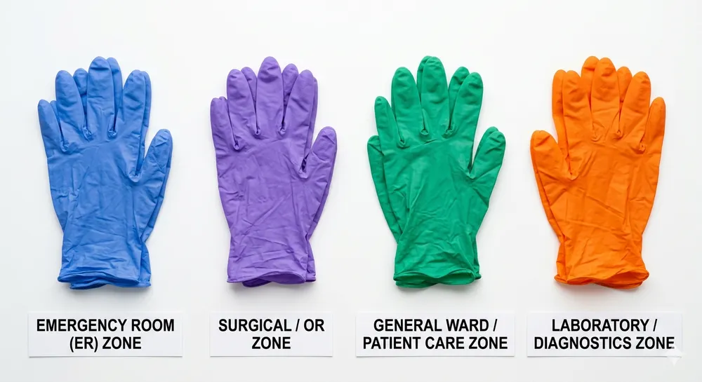 Color-coded nitrile gloves arranged by department zone — food prep, chemical handling, medical, and janitorial