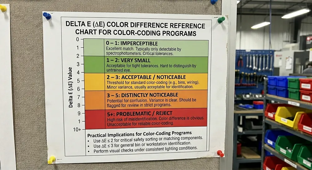Delta E color tolerance chart showing acceptable and unacceptable batch-to-batch variation for nitrile glove color-coding programs
