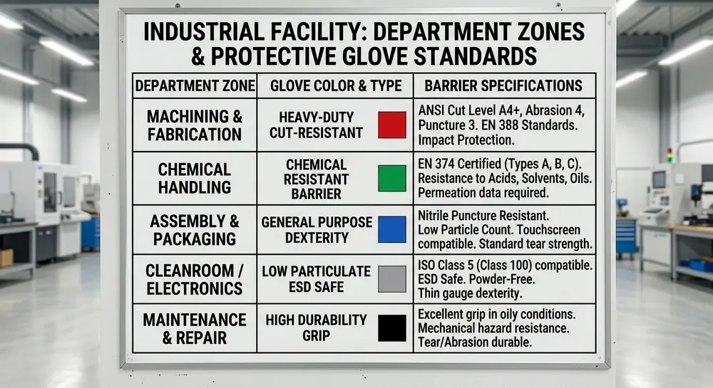 Table mapping facility departments to glove color assignments and barrier specifications