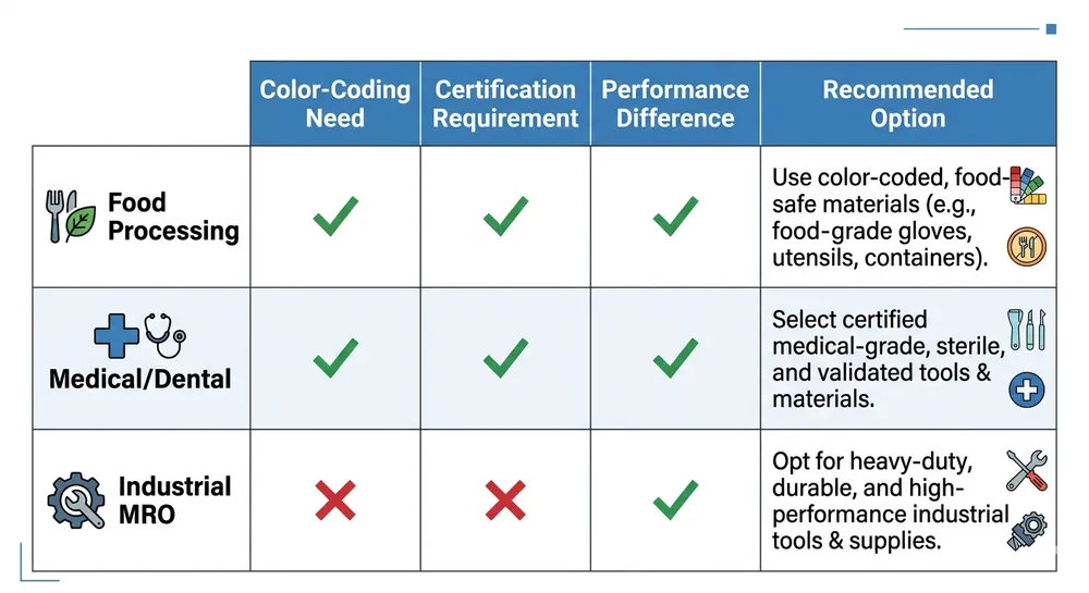 Decision matrix showing which nitrile glove color option fits food processing, medical, and industrial application scenarios