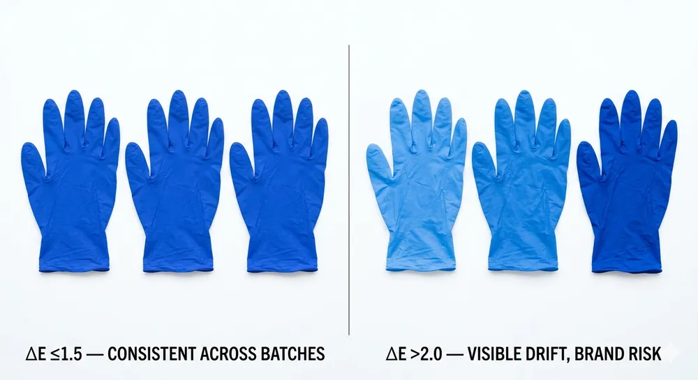 Side-by-side comparison of nitrile gloves showing color consistency across production batches versus visible color drift