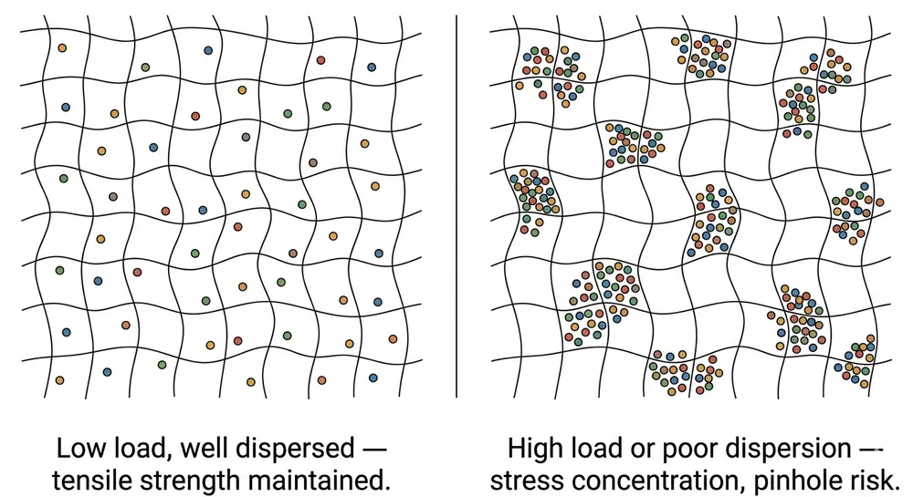 Diagram showing well-dispersed vs poorly dispersed pigment particles within a nitrile polymer matrix and their effect on tensile strength