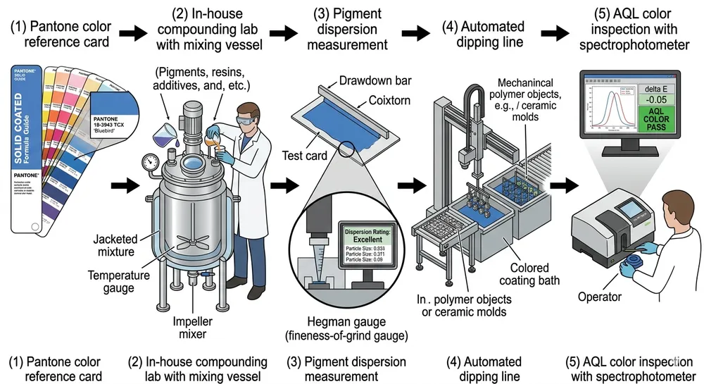 Diagram showing the custom color nitrile glove production pipeline from Pantone reference to compound mixing to dipping line to AQL inspection