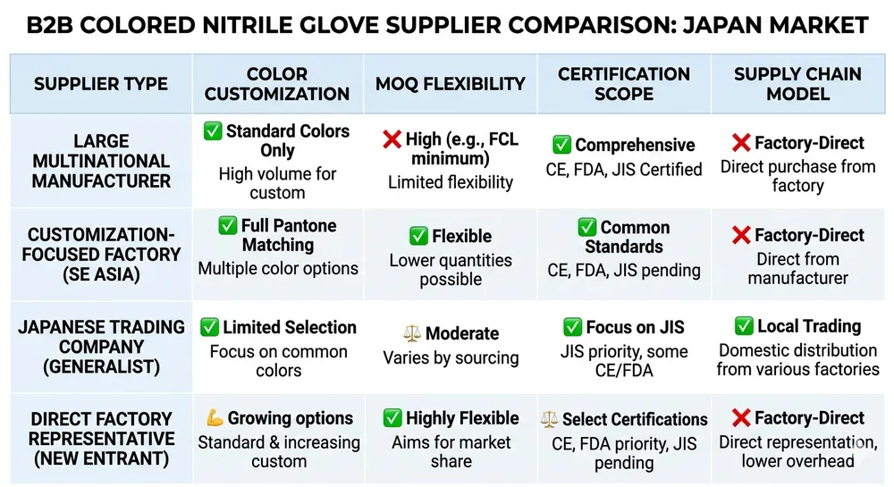 Comparison matrix of colored nitrile glove suppliers for Japanese distributors showing color customization, MOQ, and certification columns