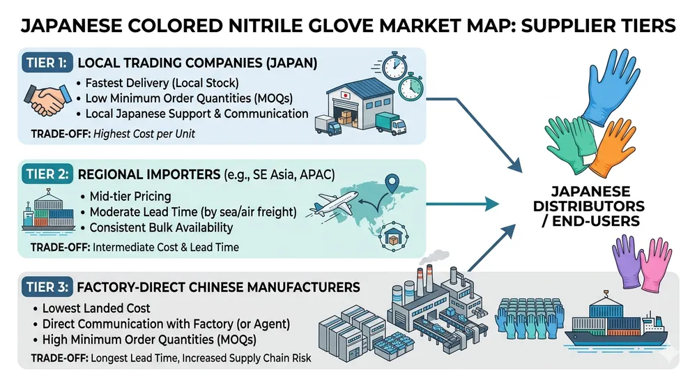 Supplier landscape map showing local Japanese trading companies and factory-direct Chinese manufacturers for colored nitrile gloves