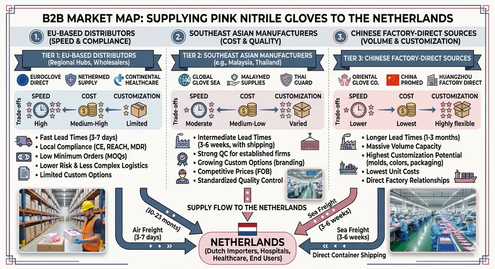 Supplier landscape map showing pink and colored nitrile glove sourcing options for Dutch importers across EU and Asia