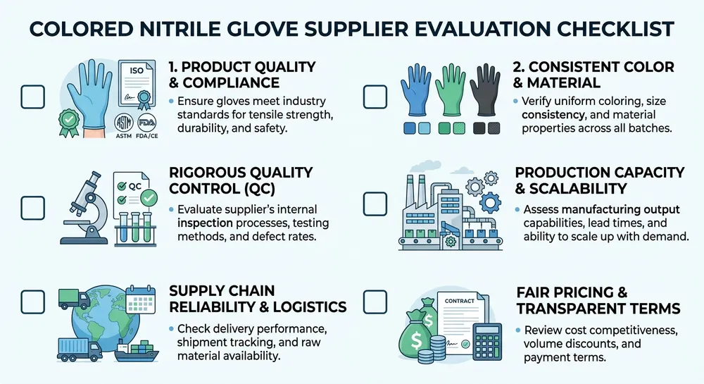 Supplier evaluation checklist for pink and colored nitrile gloves covering color consistency, certifications, MOQ, and lead time