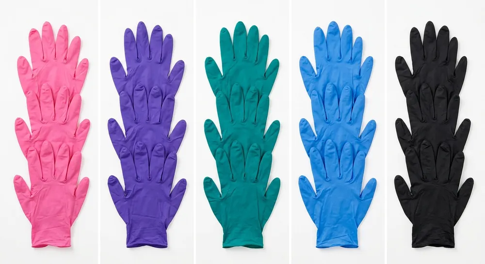 Assortment of pink, purple, blue, and black nitrile gloves arranged by color for B2B supplier comparison