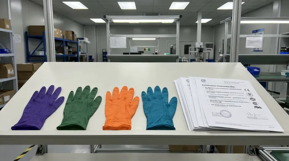 Custom color nitrile gloves with certification documentation