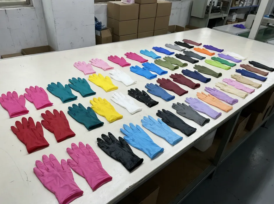 Custom color nitrile gloves displayed across full Pantone range