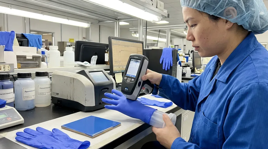 Spectrophotometer color standard verification on nitrile glove production run