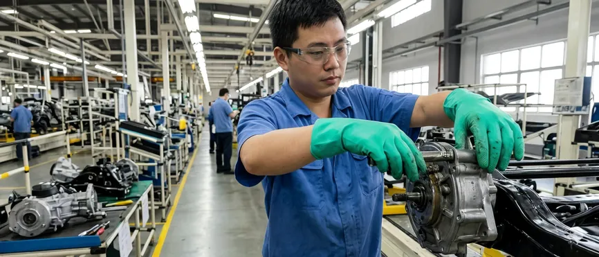Worker on automotive assembly line wearing green industrial nitrile gloves while handling greased components