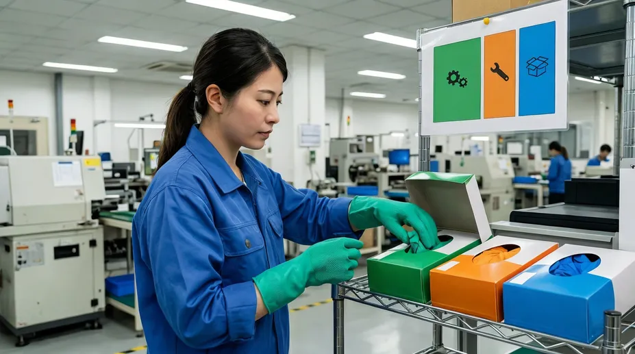 Industrial color-coding program using green nitrile gloves alongside orange and blue variants