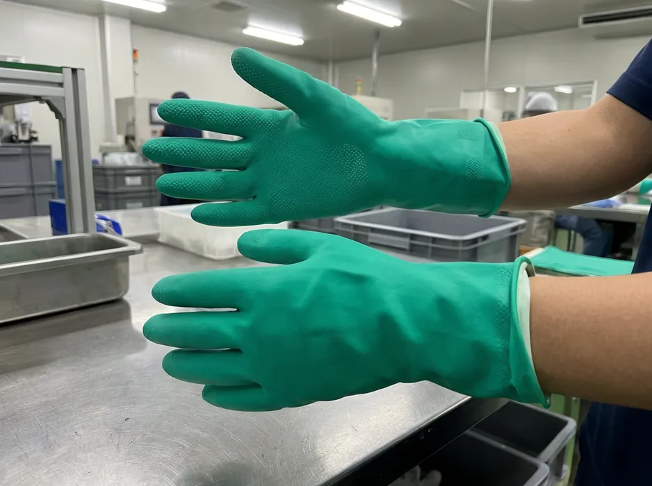 Green industrial nitrile gloves — heavy-gauge, textured fingertip, powder-free