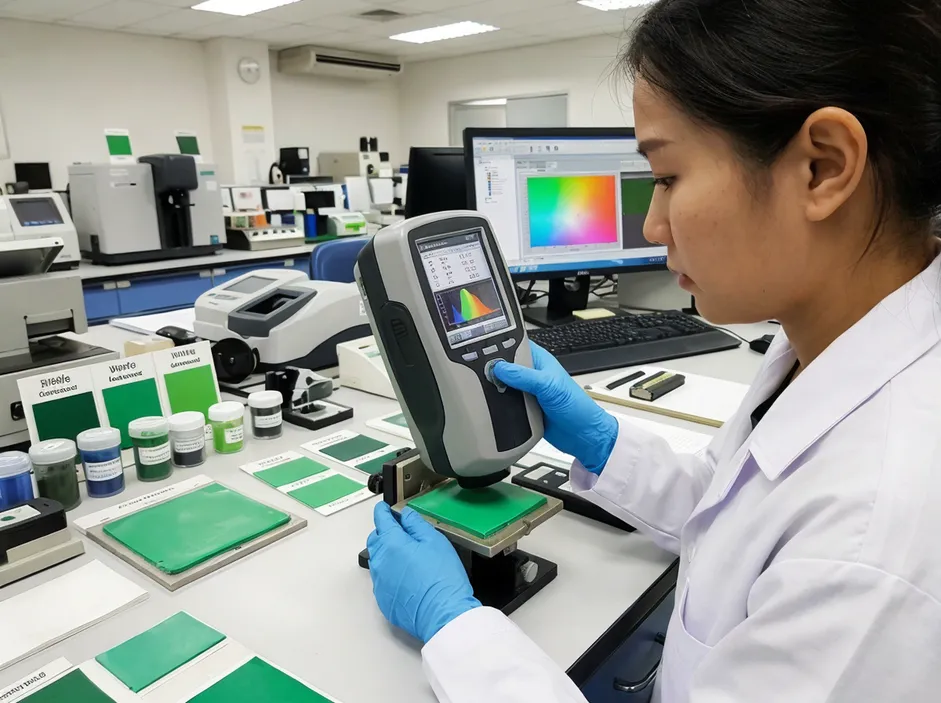Spectrophotometer color quality control measurement for green nitrile gloves