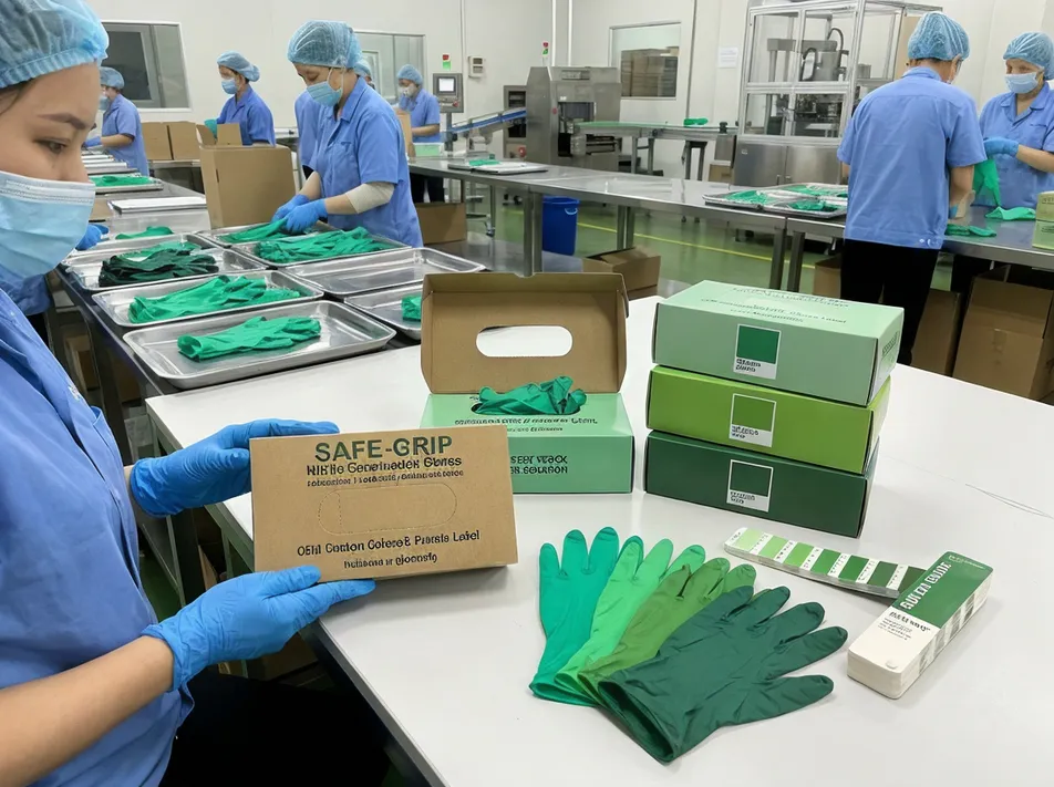 Green nitrile glove customization options including OEM labeling and color matching