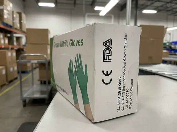Green nitrile gloves packaging showing CE and FDA certification marks