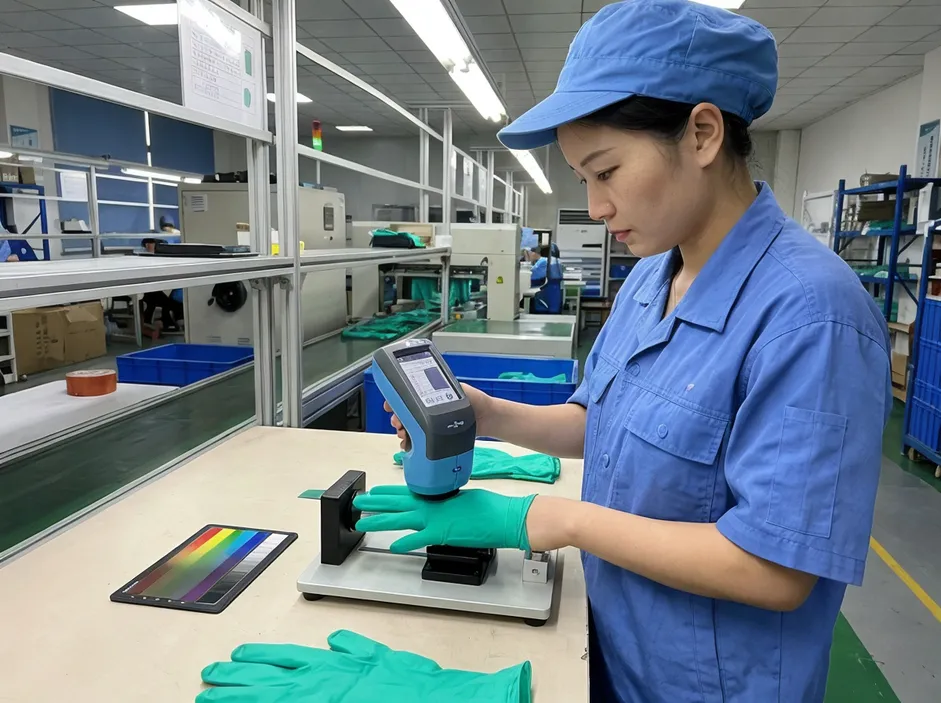Spectrophotometer color verification of green nitrile gloves in production